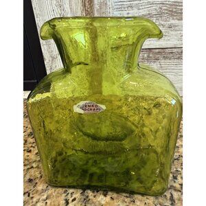 Vintage 384 Blenko Handblown Glass Double Spout Water Bottle Pitcher Lime Green